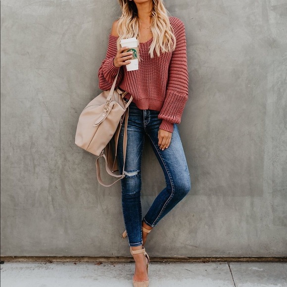 Knit V Neck Sweater - Dusty Cedar - Picture 2 of 8